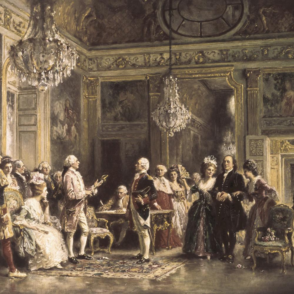 Oil painting of a large, grand room filled with people