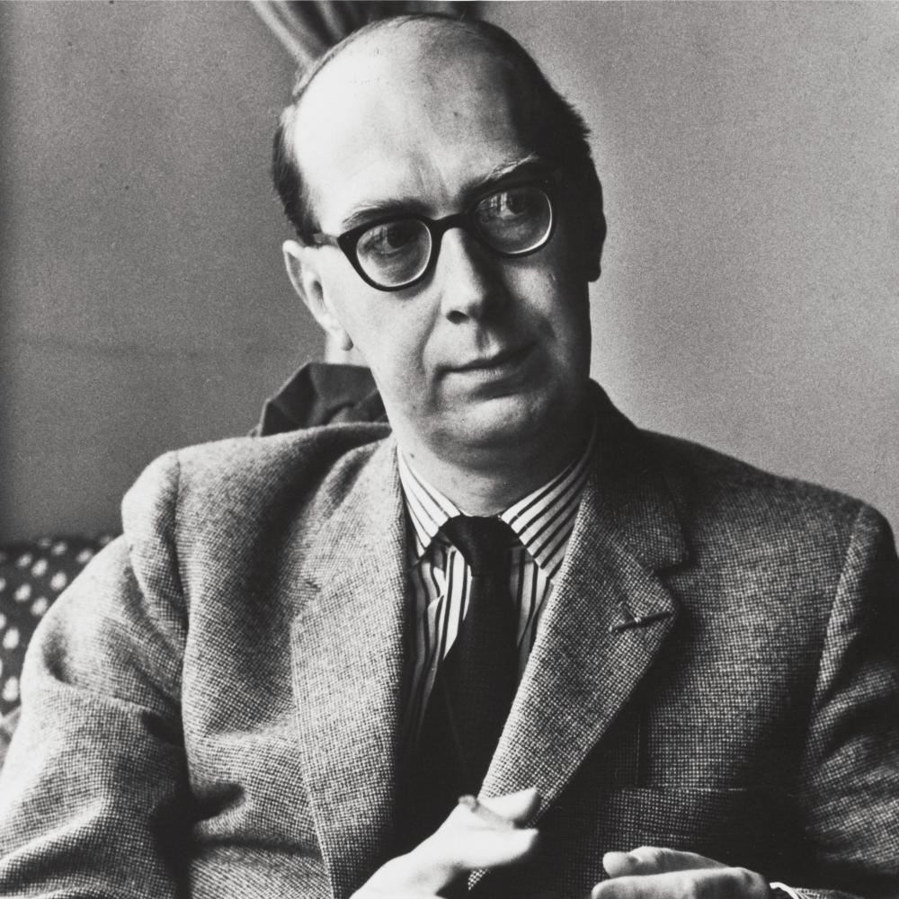 Philip Larkin, seated, looking thoughtful