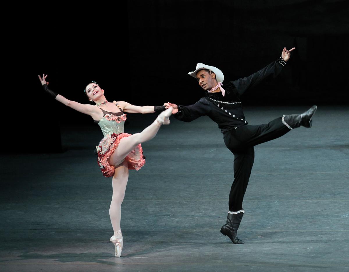 Megan Fairchild and Craig Hall dance a scene in Western Symphony