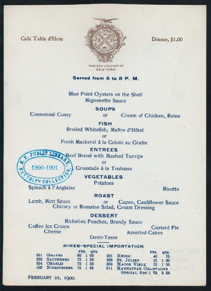 Hotel Manhattan menu