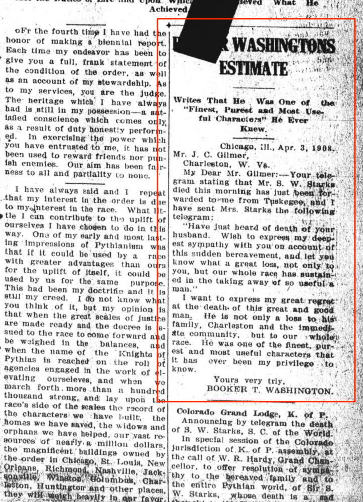 Close up of top-right side of previous image, featuring “[Booker] Washington’s Estimate” of Samuel W. Starks. The Advocate, 11 April 1908.