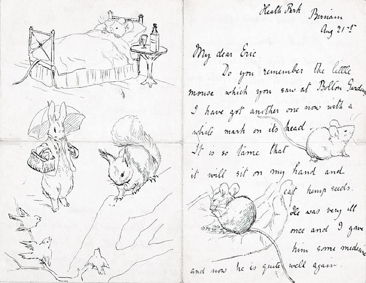 Illustrated letter by Beatrix picture with sketches of animals.