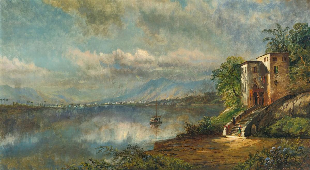 A painted landscape of Cuba from the mid-1800s, showing a building and a stretch of water with clouds above.