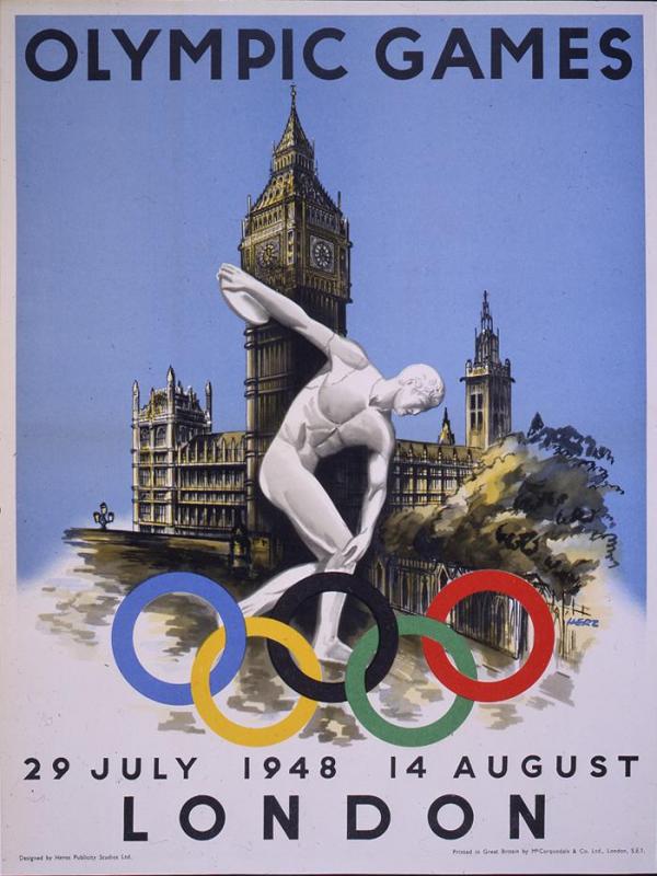 Poster from 1948 London Summer Olympics:discuss thrower and Houses of Parliament