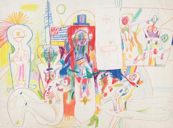 Untitled drawing by Marisol Escobar displaying colorful abstract figures attacking one another.