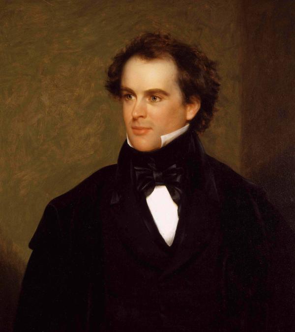 Painted portrait of Nathaniel Hawthorne as a young man in a dark suit