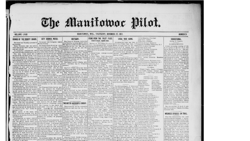 Newspaper front page, Manitowoc Pilot