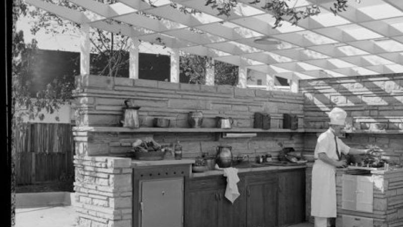 Black and white photo of an outdoor barbecue patio