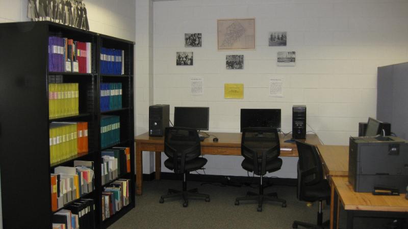 room with bookshelves and computer workstations