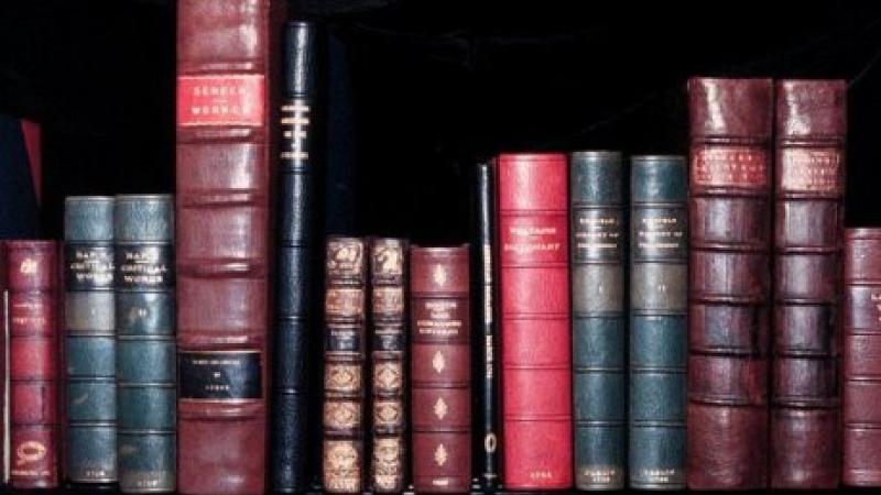 Colorful, leatherbound spines of some of Jefferson's books.