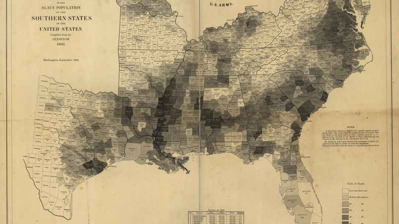 The U.S. Coast Survey map calculated the number of slaves in each county in the United States in 1860.