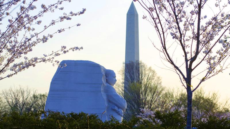 MLK memorial in foreground, Washington Monument in background.