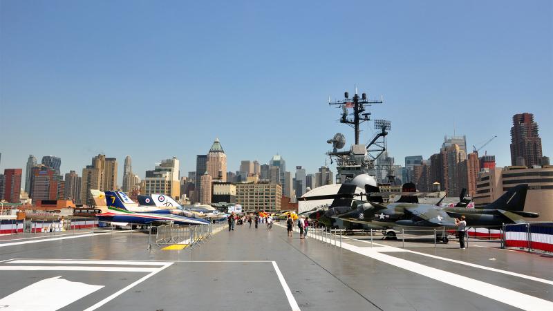 Fighter jets on flight deck of USS Intrepid.