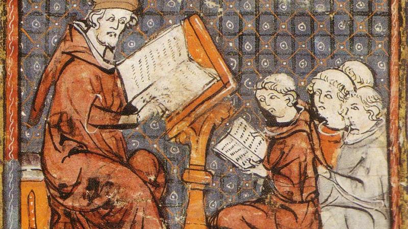 Class in a medieval university, illuminated manuscript from the 13th century.