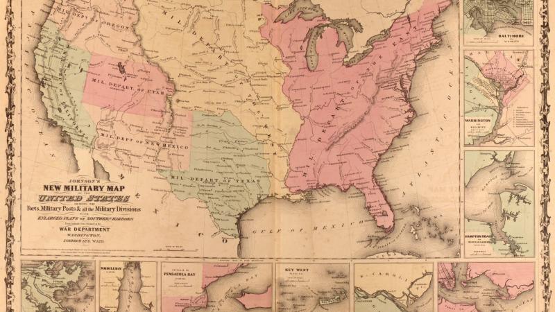 The Union Army’s organization of the US in 1862 from Johnson’s New Illustrated (steel plate) Family Atlas (New York: Johnson and Browning, 1862)